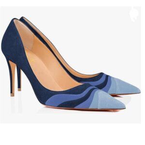 FOWT Navy Blue High Heel Pointed Toe Pump Slip-on Rainbow Shoes for Dress Party